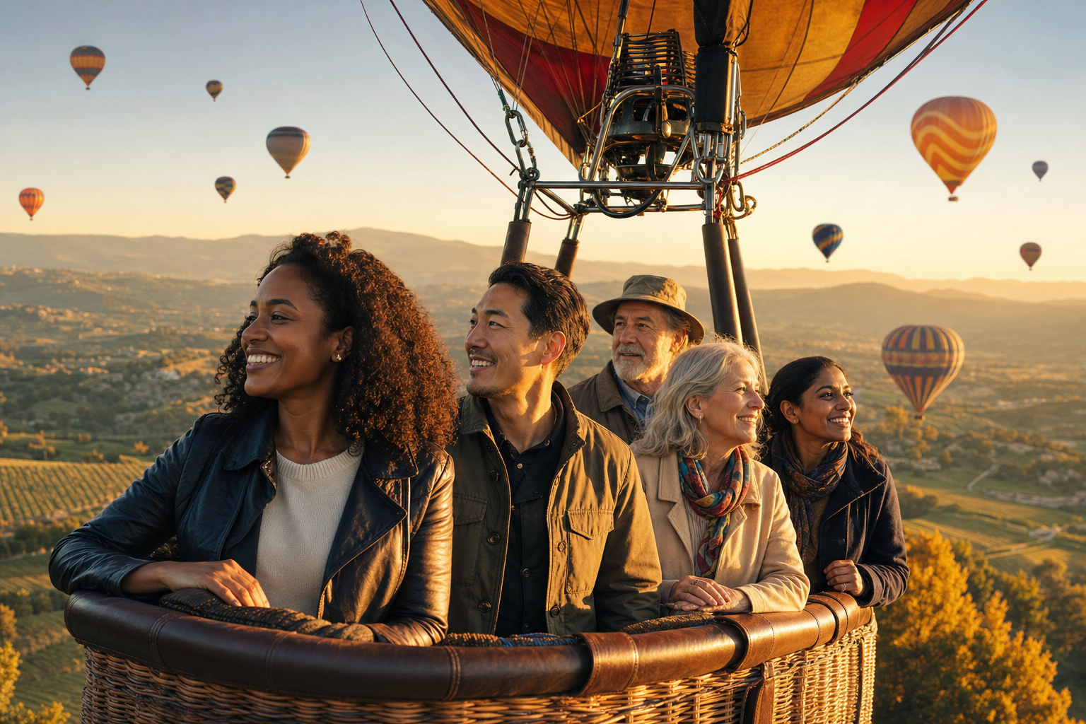 Skyline Experiences hot-air balloon ride over a vineyard valley