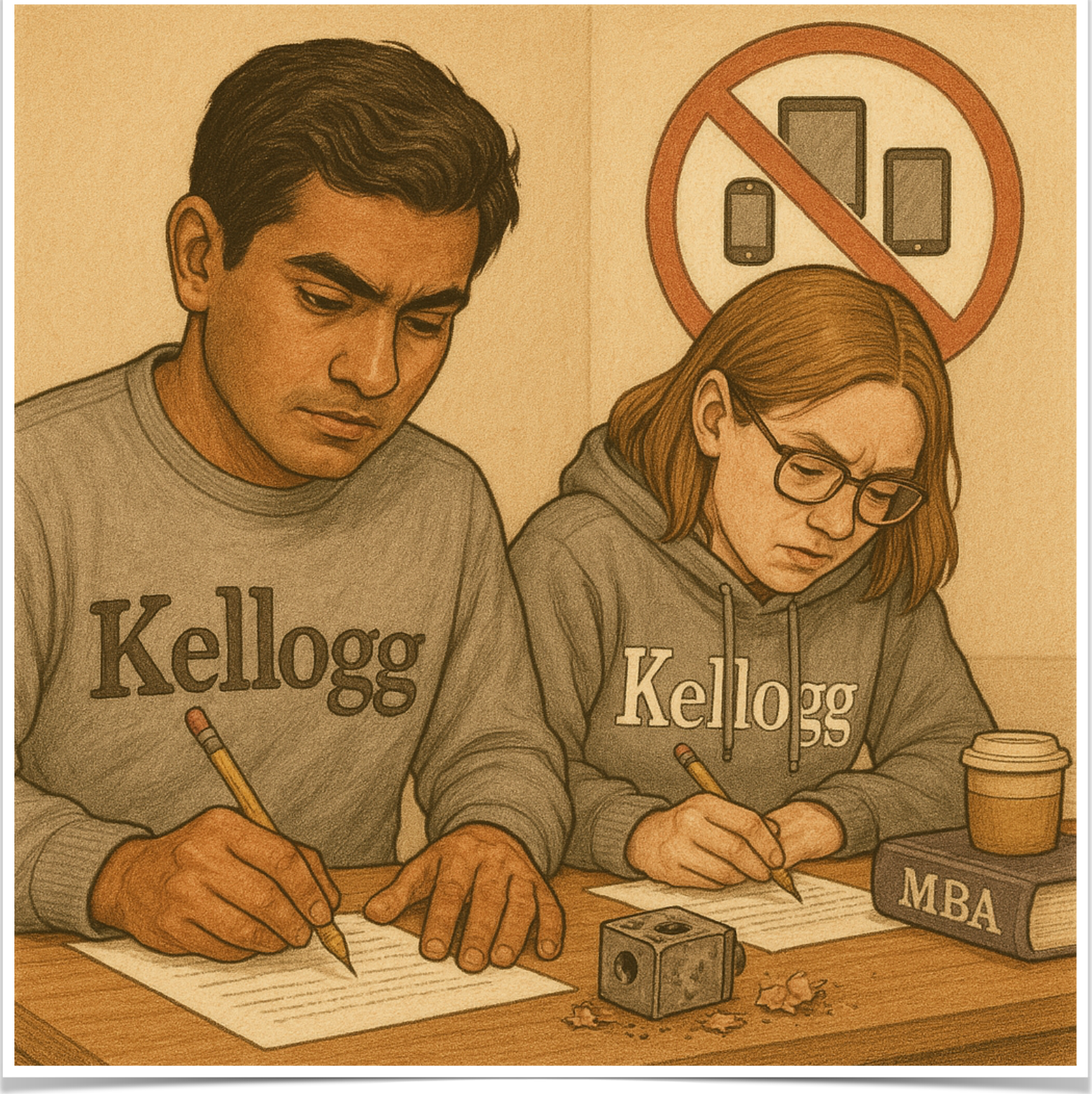 Students writing by hand, phones banned